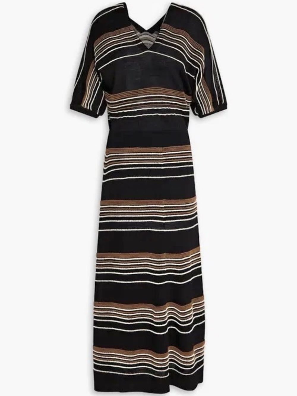 Theory Black and Tan Striped Knit V-Neck Maxi Dress